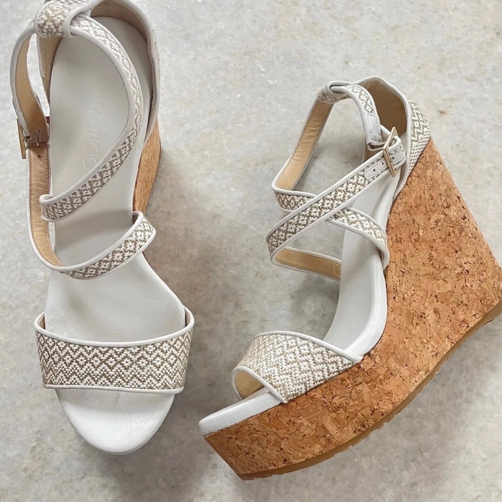 Like New Jimmy ChooPortia Woven Wedge Sandal, White/Marble  Size 41